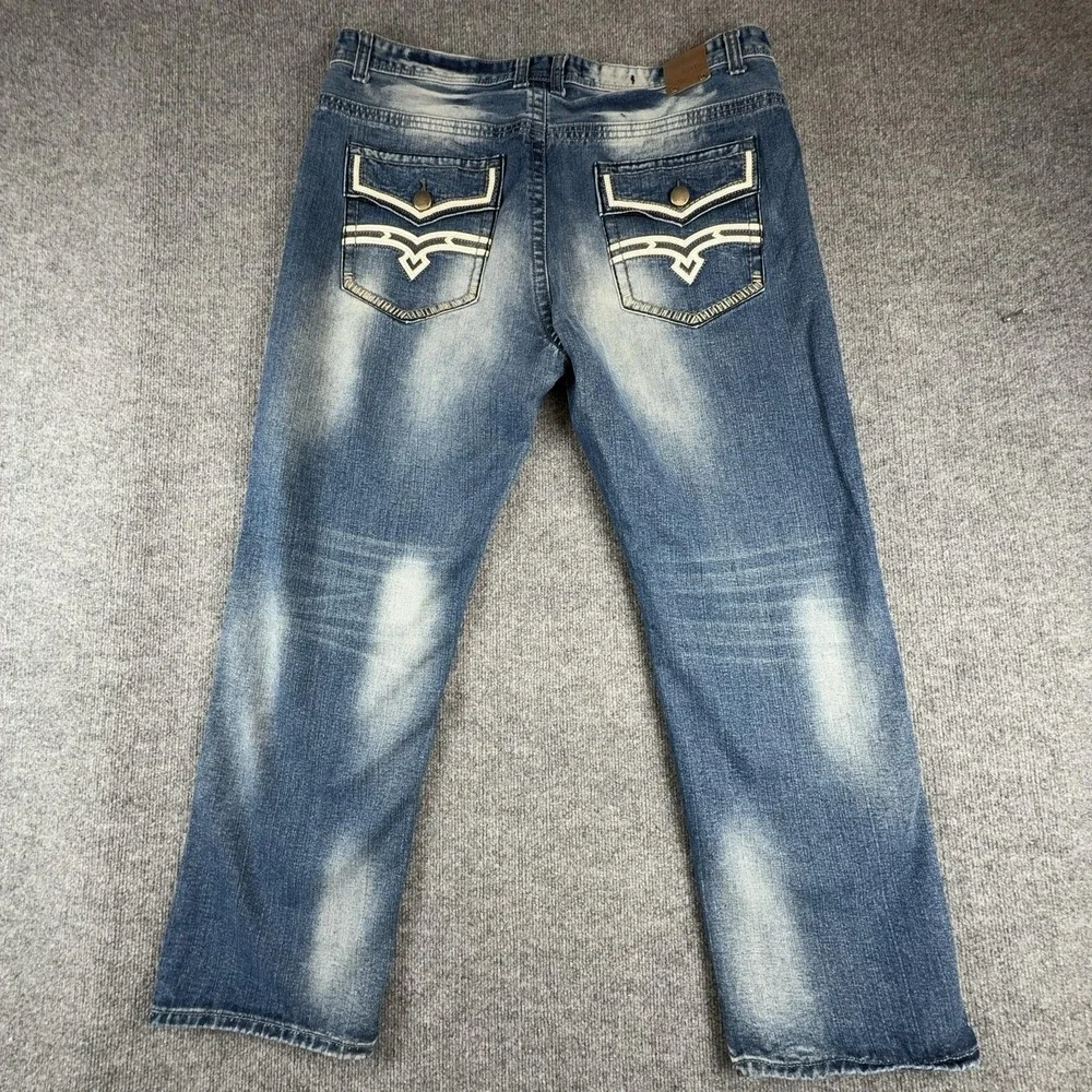 Y2K GS115 Jeans Mens 42x33 Blue Slim Fit Straight Leg Denim Embroidered